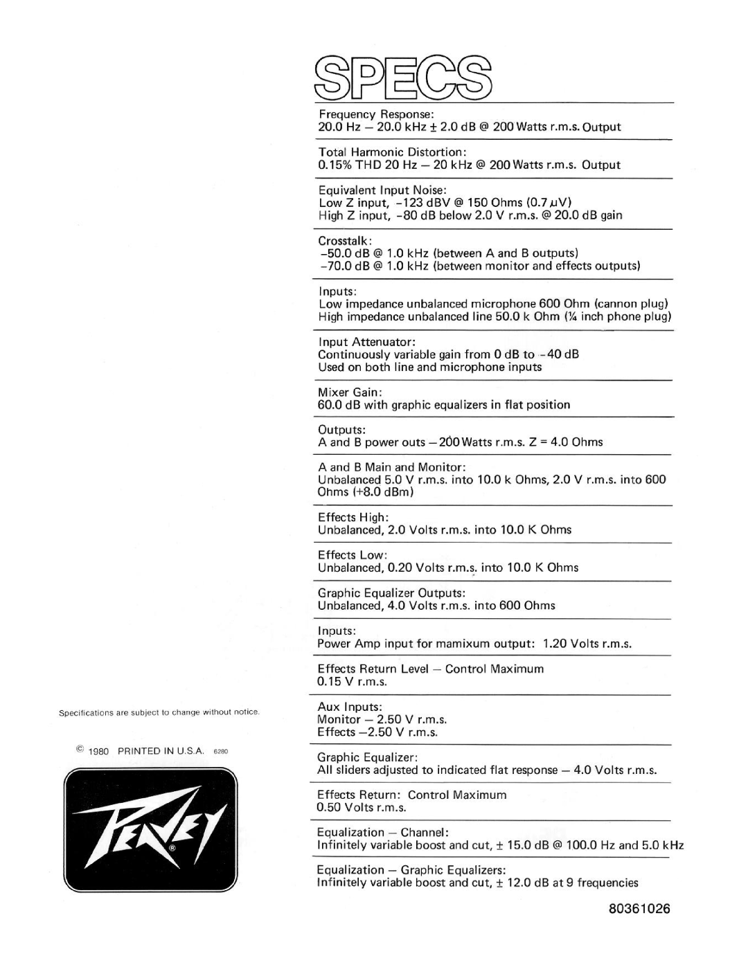 Peavey PA 1000S manual 