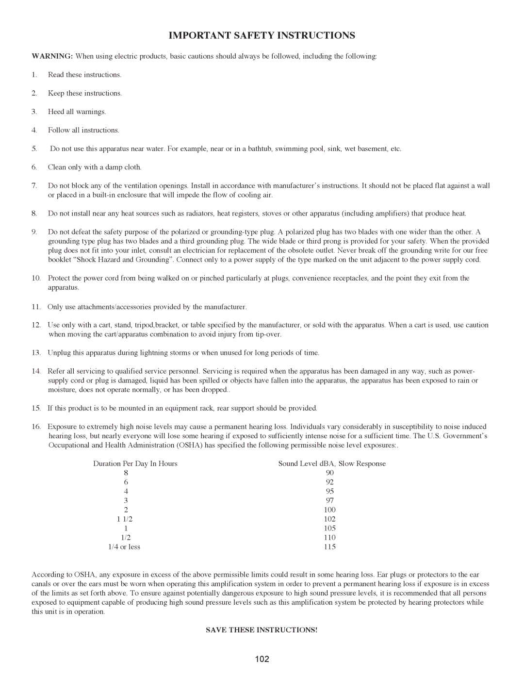 Peavey PageMatrix owner manual Important Safety Instructions 