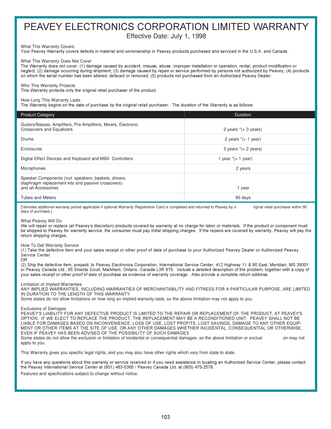 Peavey PageMatrix owner manual Peavey Electronics Corporation Limited Warranty 