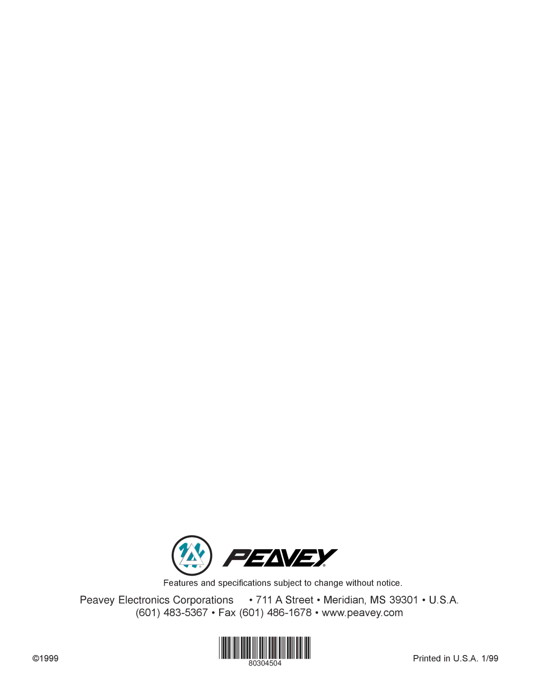 Peavey PageMatrix owner manual Features and specifications subject to change without notice 