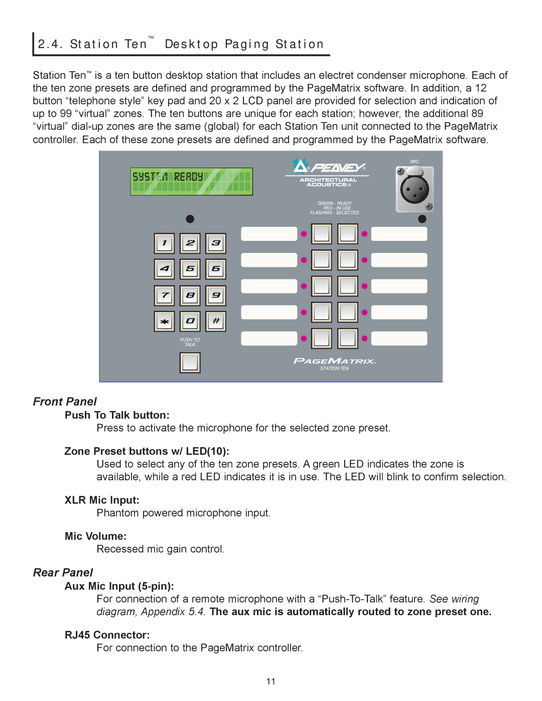 Peavey PageMatrix owner manual Zone Preset buttons w/ LED10, Aux Mic Input 5-pin, RJ45 Connector 