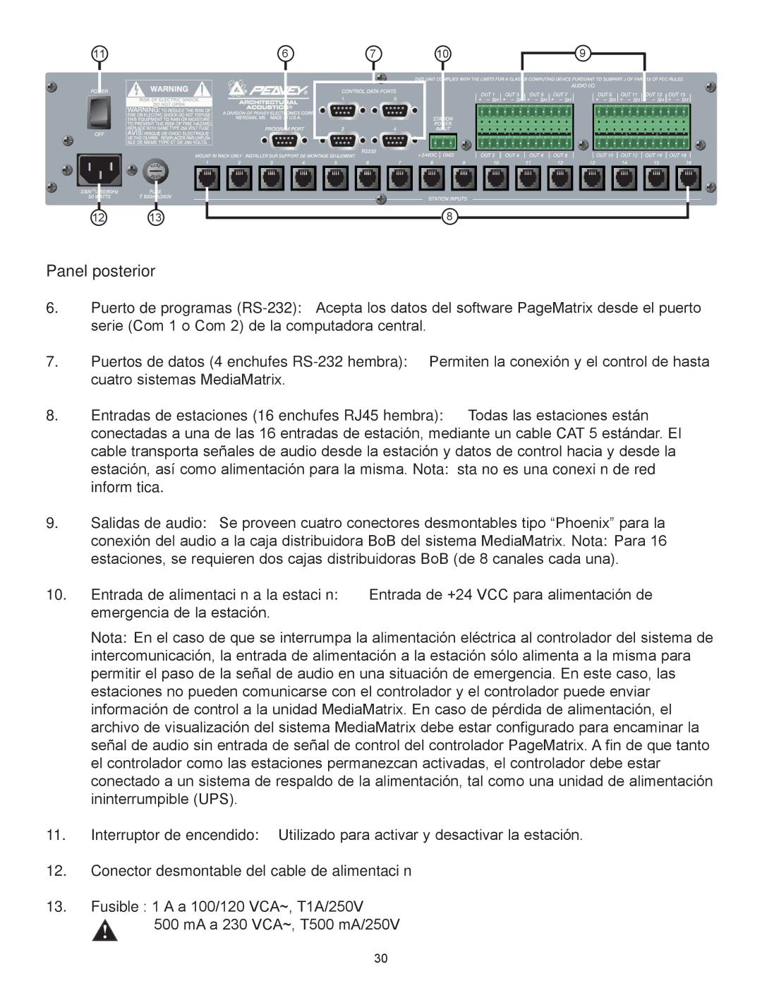 Peavey PageMatrix owner manual Panel posterior, Conector desmontable del cable de alimentaci-n 