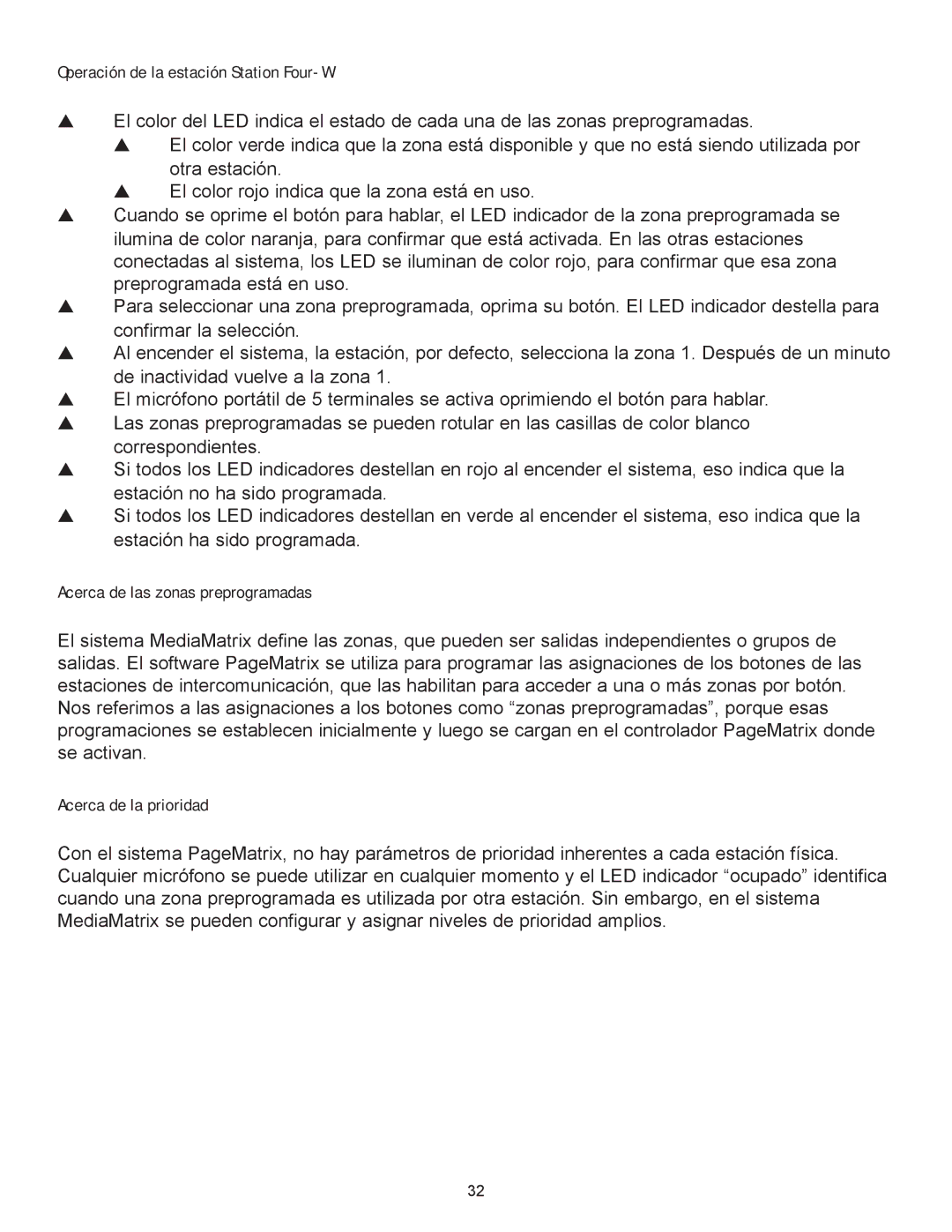 Peavey PageMatrix Operación de la estación Station Four-W, Acerca de las zonas preprogramadas, Acerca de la prioridad 