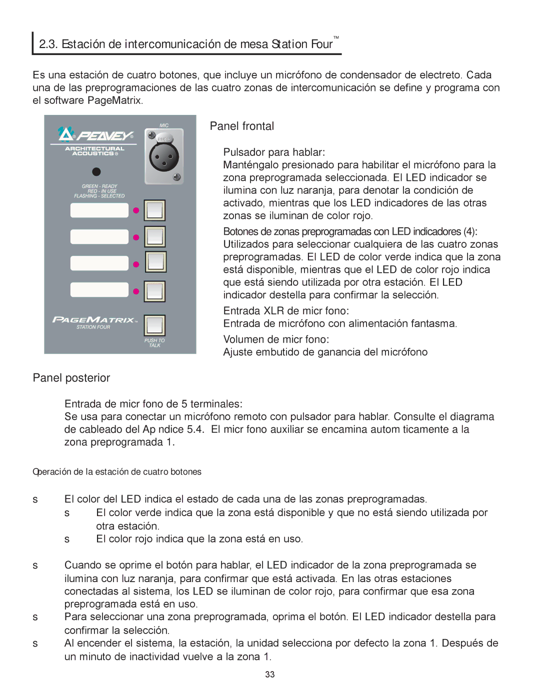 Peavey PageMatrix owner manual Operación de la estación de cuatro botones, Pulsador para hablar, Entrada XLR de micr-fono 