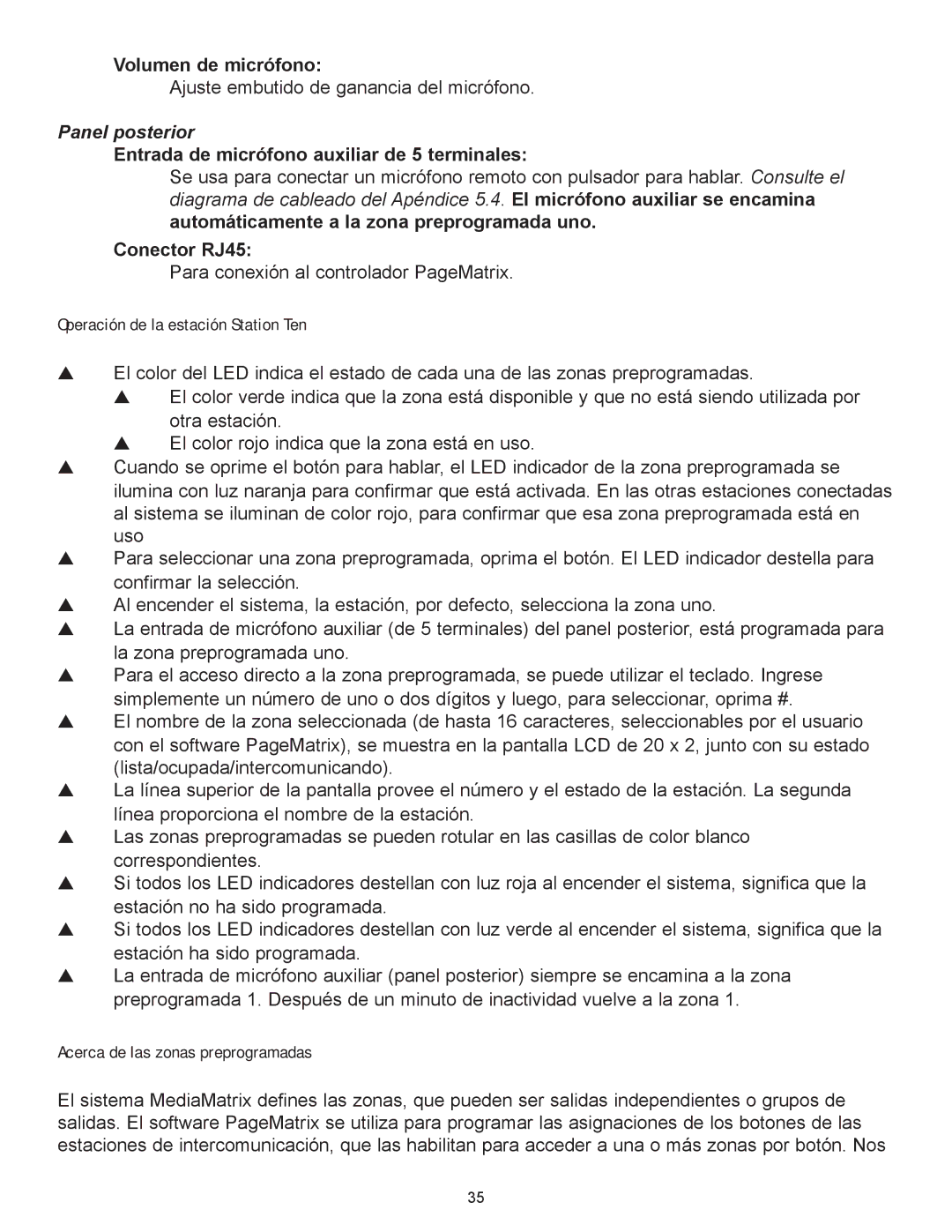 Peavey PageMatrix Operación de la estación Station Ten, Entrada de micr-fono auxiliar de 5 terminales, Conector RJ45 