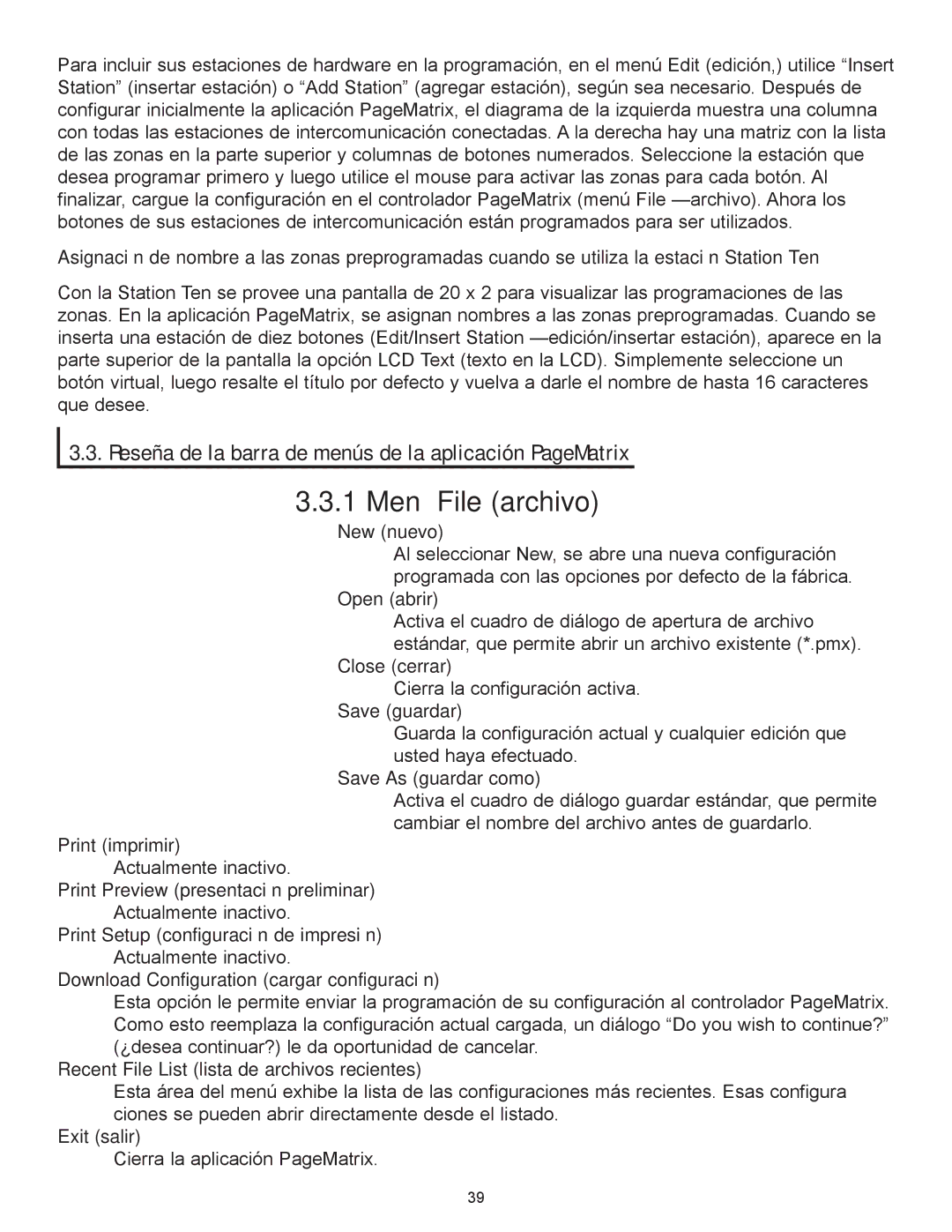 Peavey PageMatrix owner manual New nuevo, Open abrir, Close cerrar, Save guardar, Save As guardar como, Exit salir 