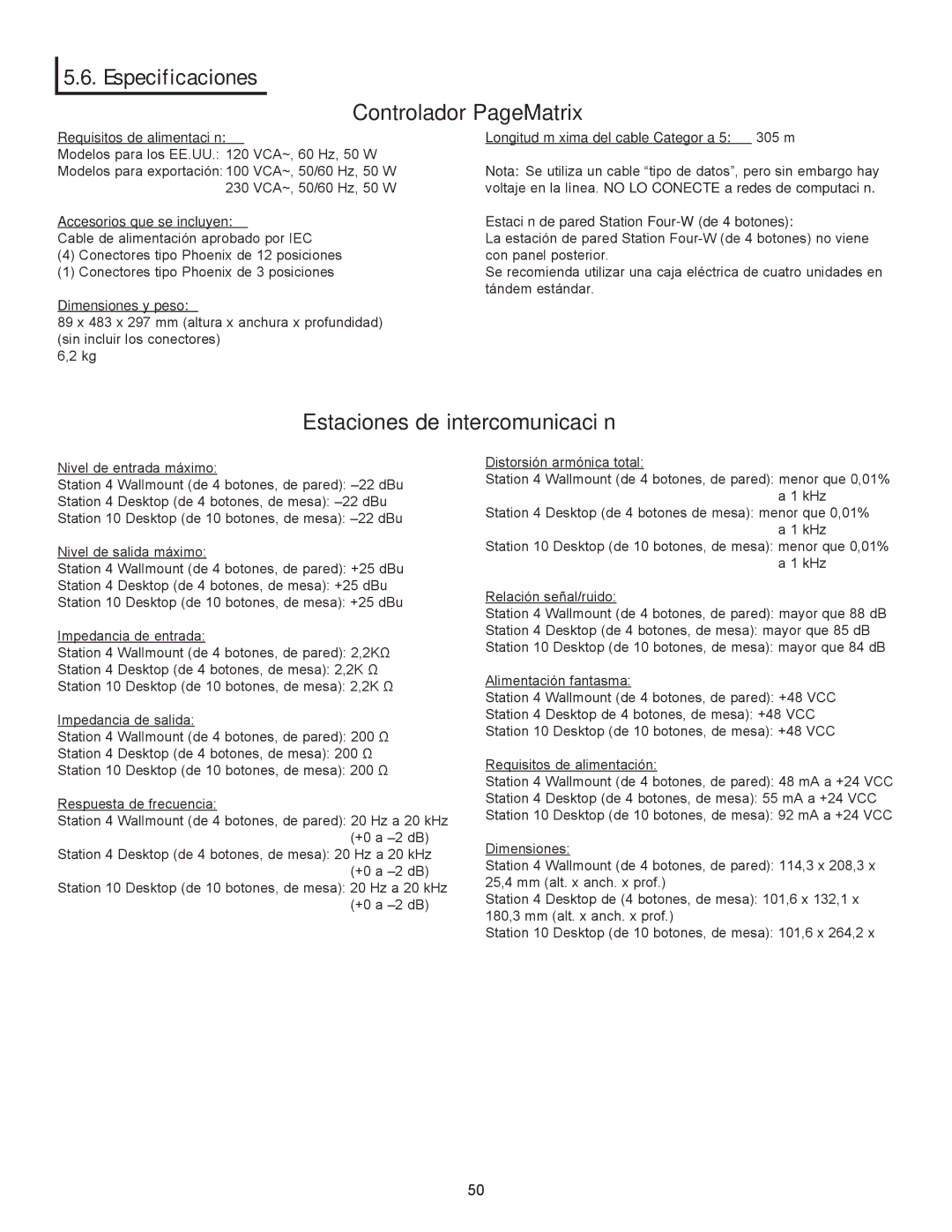 Peavey owner manual Especificaciones, Controlador PageMatrix, Estaciones de intercomunicaci-n 