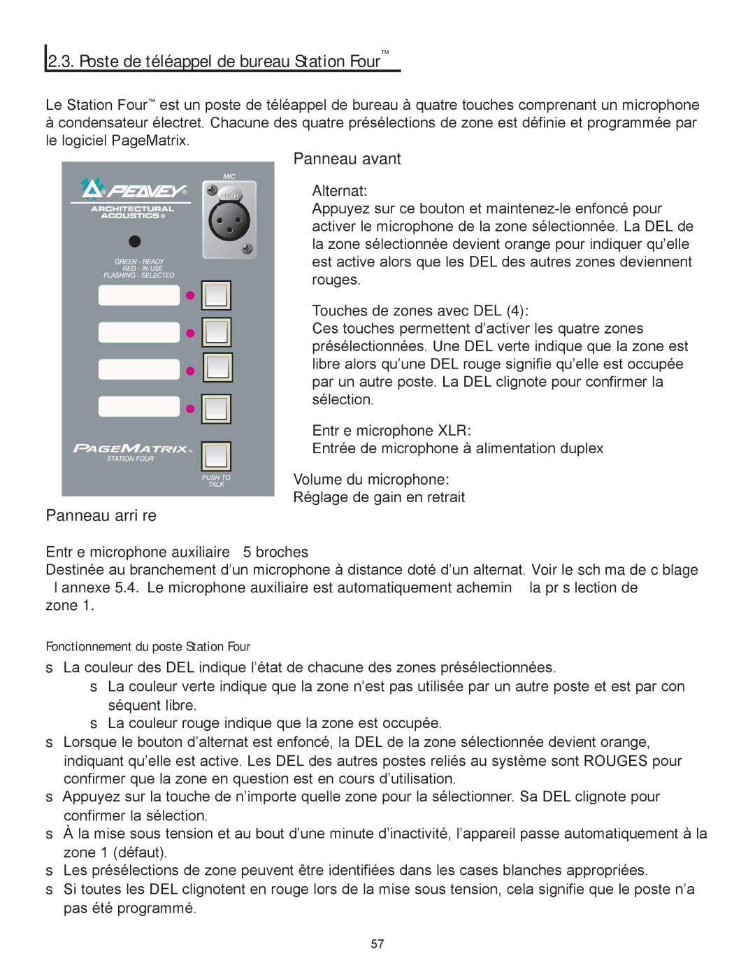 Peavey PageMatrix owner manual Poste de téléappel de bureau Station Four, Fonctionnement du poste Station Four 