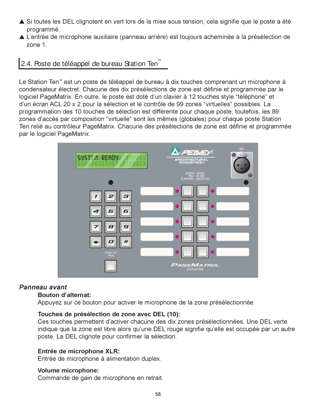 Peavey PageMatrix owner manual Poste de téléappel de bureau Station Ten, Bouton dÕalternat, EntrŽe de microphone XLR 