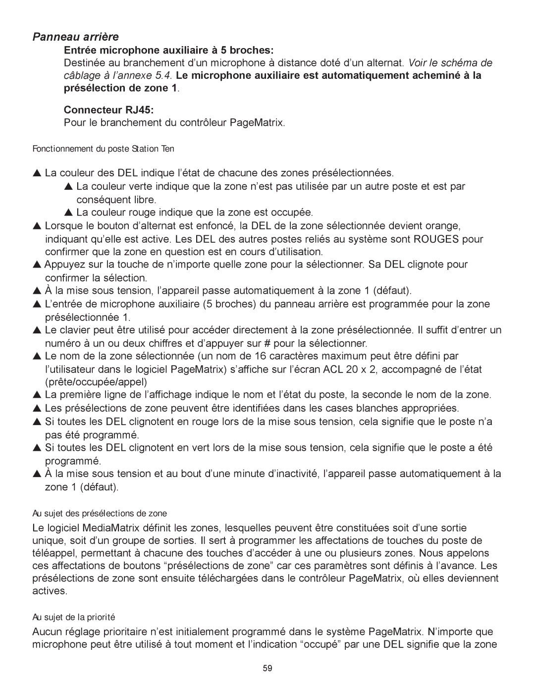 Peavey PageMatrix owner manual Fonctionnement du poste Station Ten, Connecteur RJ45 