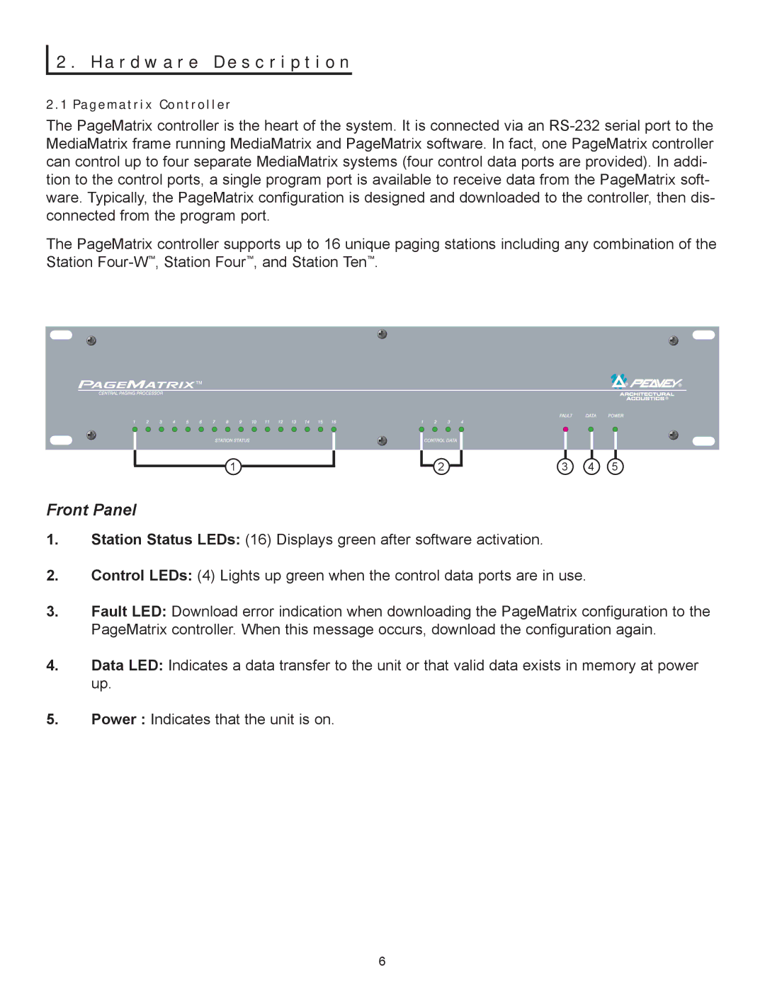 Peavey PageMatrix owner manual A r d w a r e D e s c r i p t i o n, A g e m a t r i x C o n t r o l l e r, Front Panel 