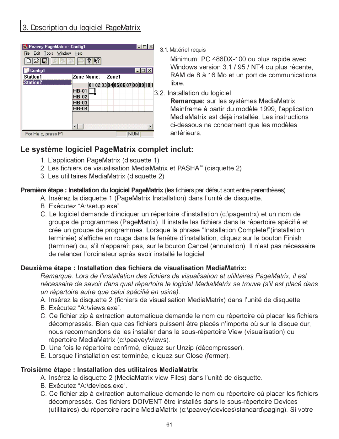 Peavey owner manual Description du logiciel PageMatrix, Matériel requis, Le systme logiciel PageMatrix complet inclut 