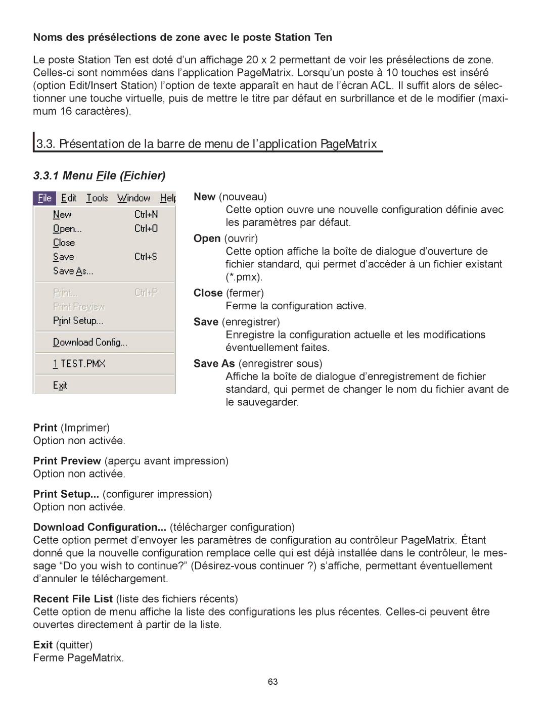 Peavey PageMatrix owner manual Menu File Fichier, Noms des prŽsŽlections de zone avec le poste Station Ten 