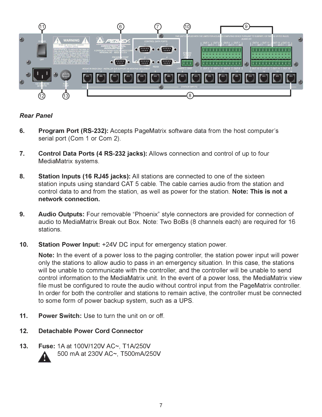 Peavey PageMatrix owner manual Rear Panel, Detachable Power Cord Connector 