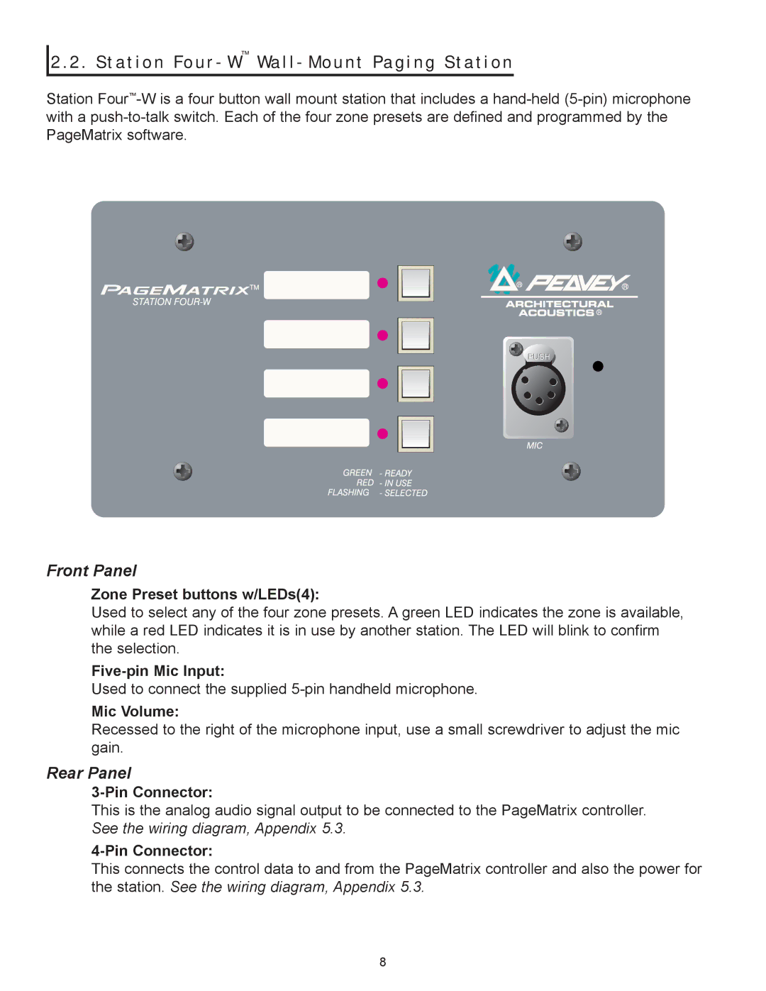 Peavey PageMatrix owner manual Rear Panel, Zone Preset buttons w/LEDs4, Five-pin Mic Input, Mic Volume, Pin Connector 