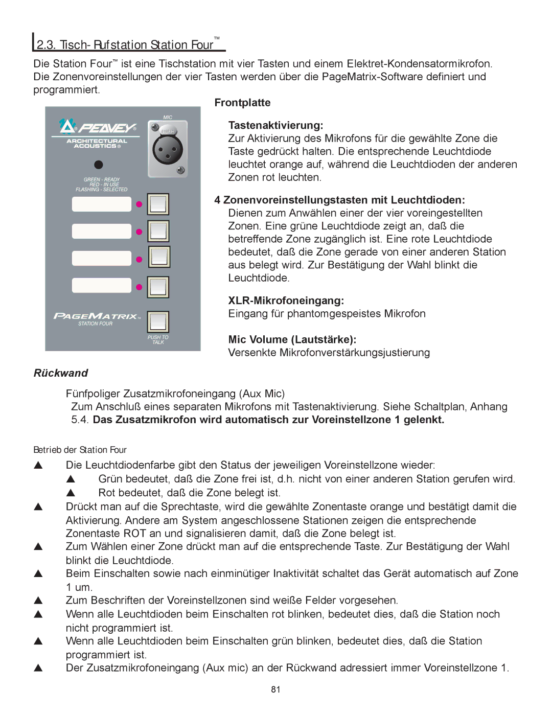 Peavey PageMatrix owner manual Tisch-Rufstation Station Four, Betrieb der Station Four, Frontplatte Tastenaktivierung 