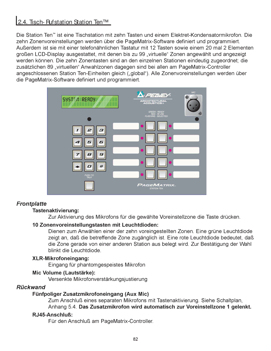 Peavey PageMatrix owner manual Tisch-Rufstation Station Ten, Zonenvoreinstellungstasten mit Leuchtdioden, RJ45-Anschlu§ 