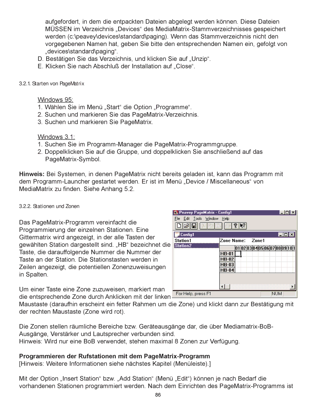 Peavey owner manual Starten von PageMatrix, Stationen und Zonen 