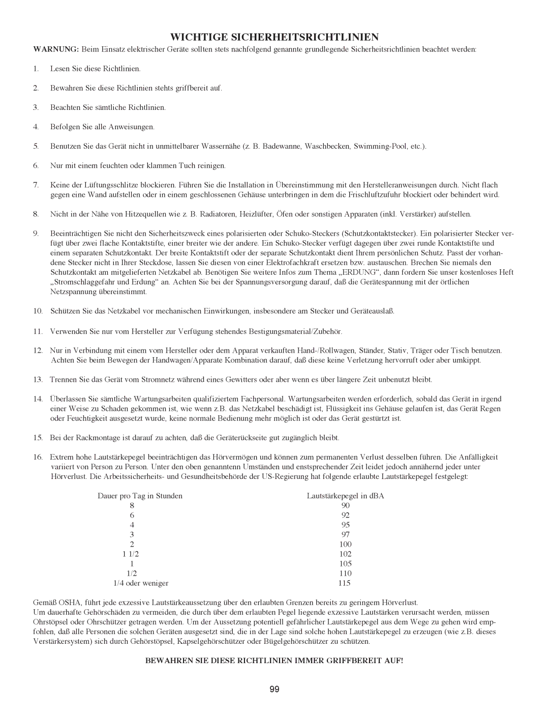 Peavey PageMatrix owner manual Wichtige Sicherheitsrichtlinien 