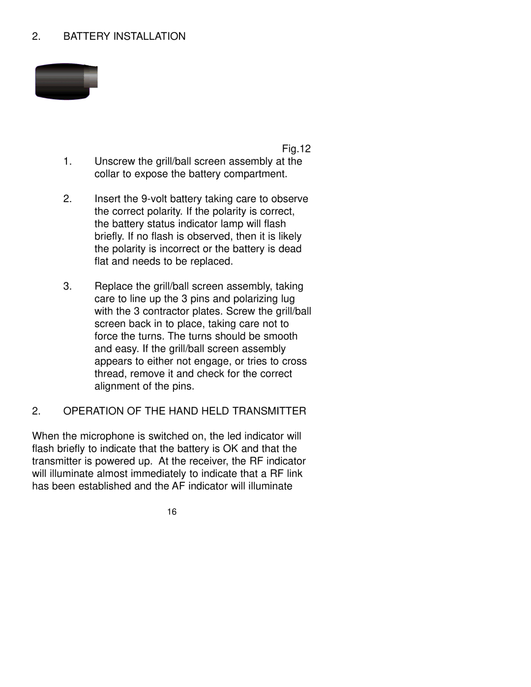 Peavey PCX-U302 manual Battery Installation, Operation of the Hand Held Transmitter 