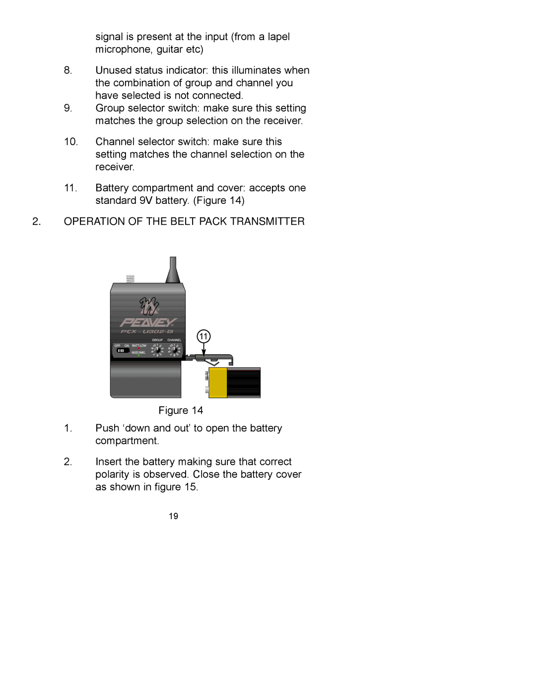 Peavey PCX-U302 manual Operation of the Belt Pack Transmitter 