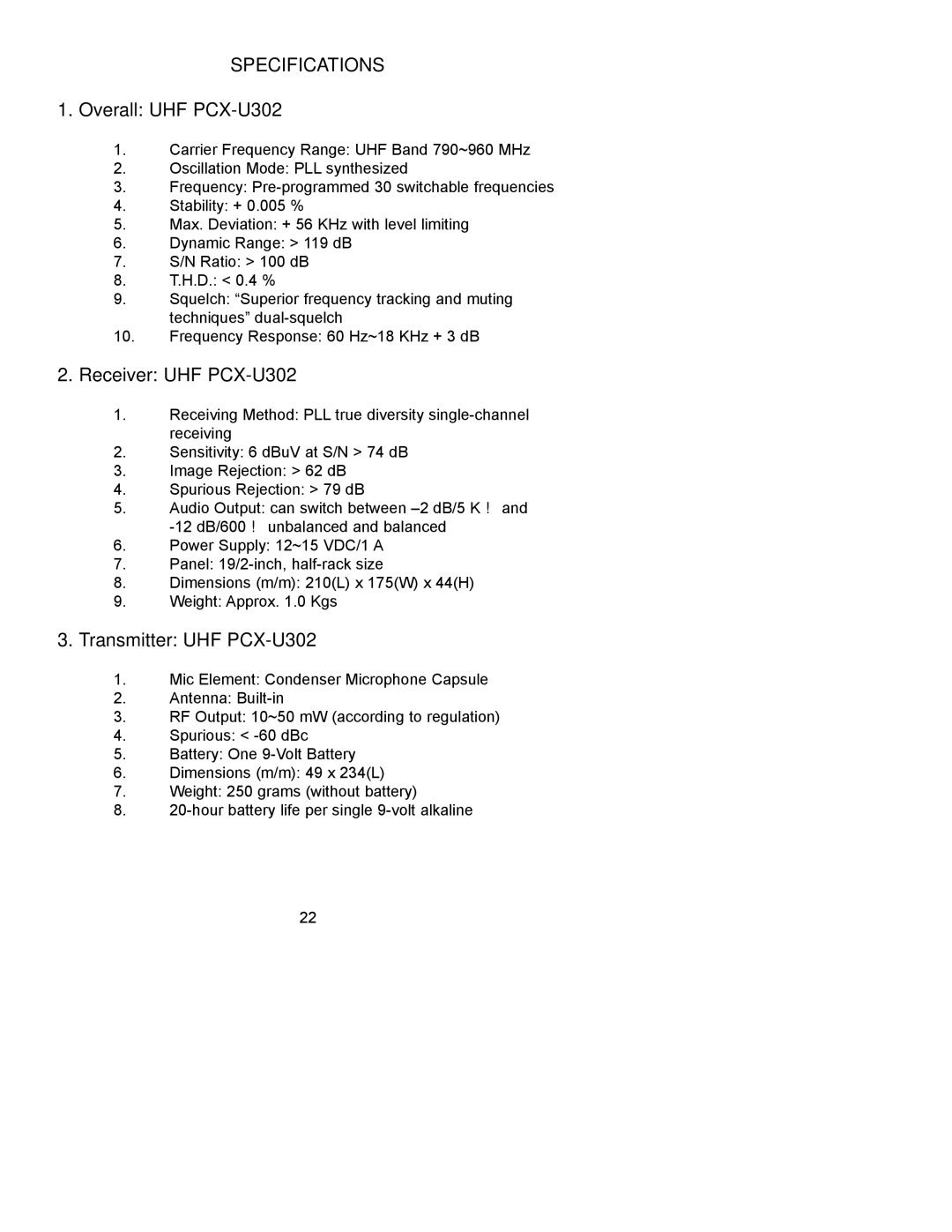 Peavey manual Specifications, Overall UHF PCX-U302, Receiver UHF PCX-U302, Transmitter UHF PCX-U302 