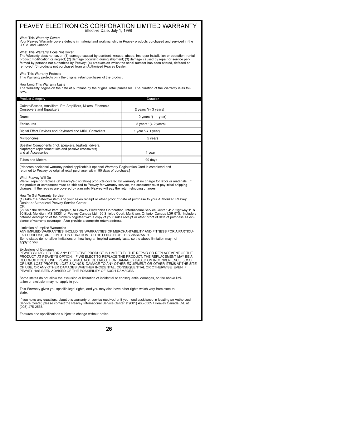 Peavey PCX-U302 manual Peavey Electronics Corporation Limited Warranty 