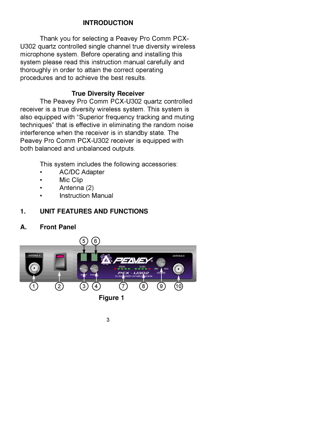 Peavey PCX-U302 manual Introduction, True Diversity Receiver, Unit Features and Functions, Front Panel 