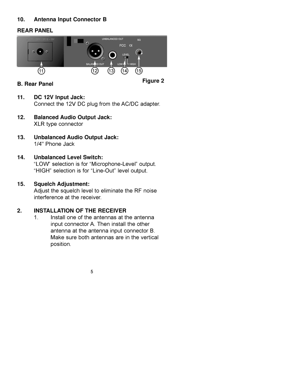 Peavey PCX-U302 manual Antenna Input Connector B Rear Panel, Rear Panel DC 12V Input Jack, Unbalanced Level Switch 