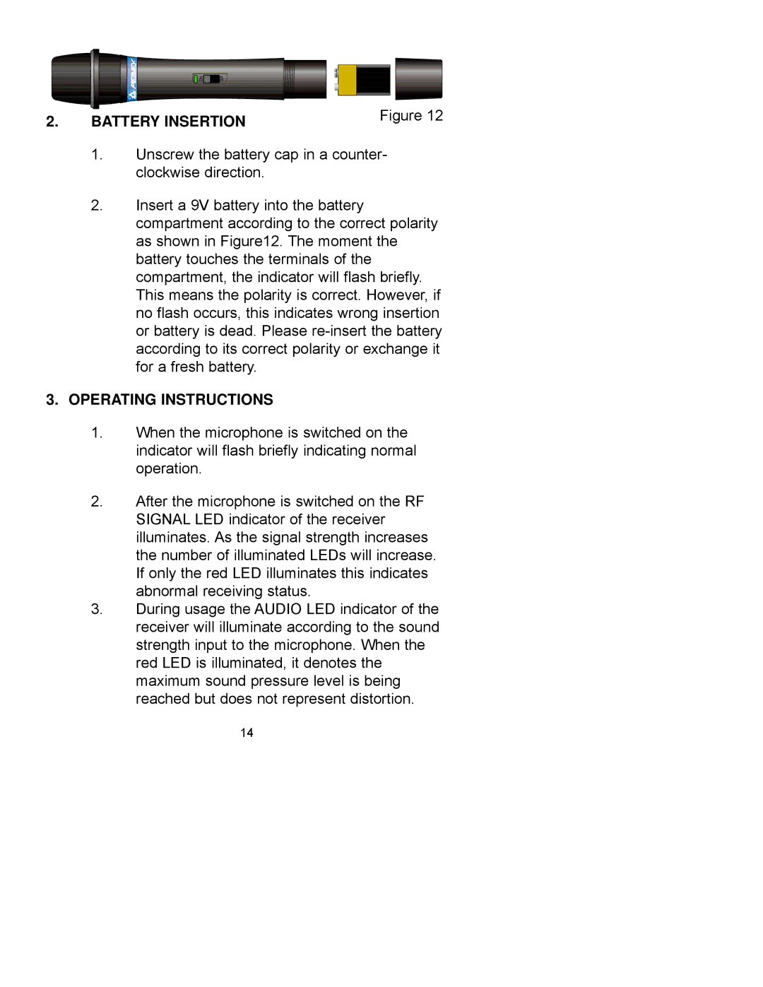 Peavey PCX-V12 manual Battery Insertion, Operating Instructions 