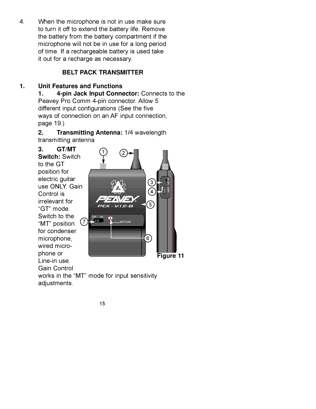 Peavey PCX-V12 manual Belt Pack Transmitter, Transmitting Antenna 1/4 wavelength, Gt/Mt, Switch Switch 