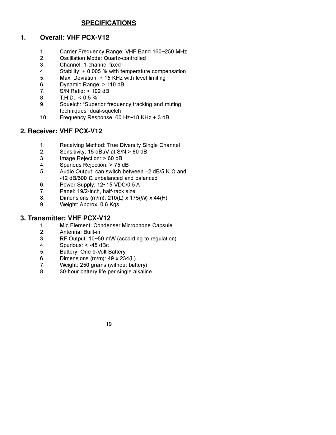 Peavey manual Specifications, Overall VHF PCX-V12, Receiver VHF PCX-V12, Transmitter VHF PCX-V12 