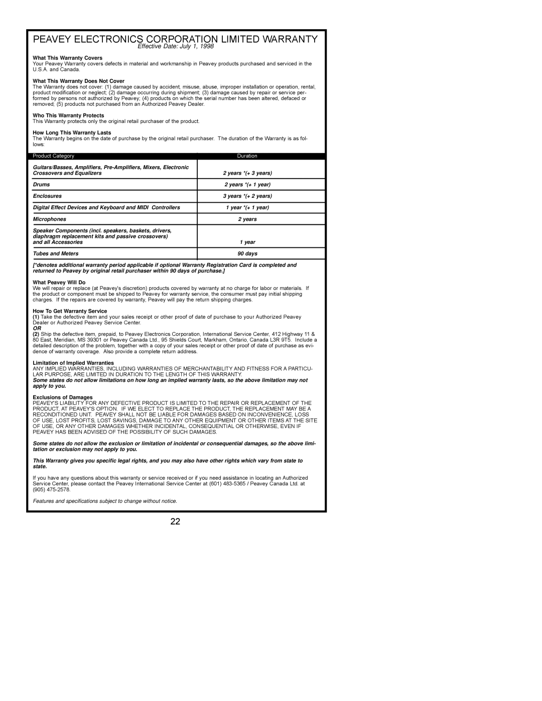 Peavey PCX-V12 manual Peavey Electronics Corporation Limited Warranty 