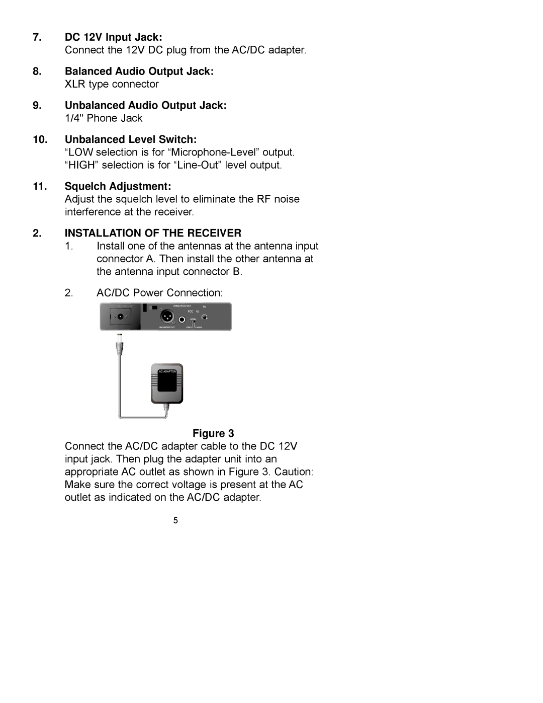 Peavey PCX-V12 manual DC 12V Input Jack, Unbalanced Level Switch, Squelch Adjustment, Installation of the Receiver 