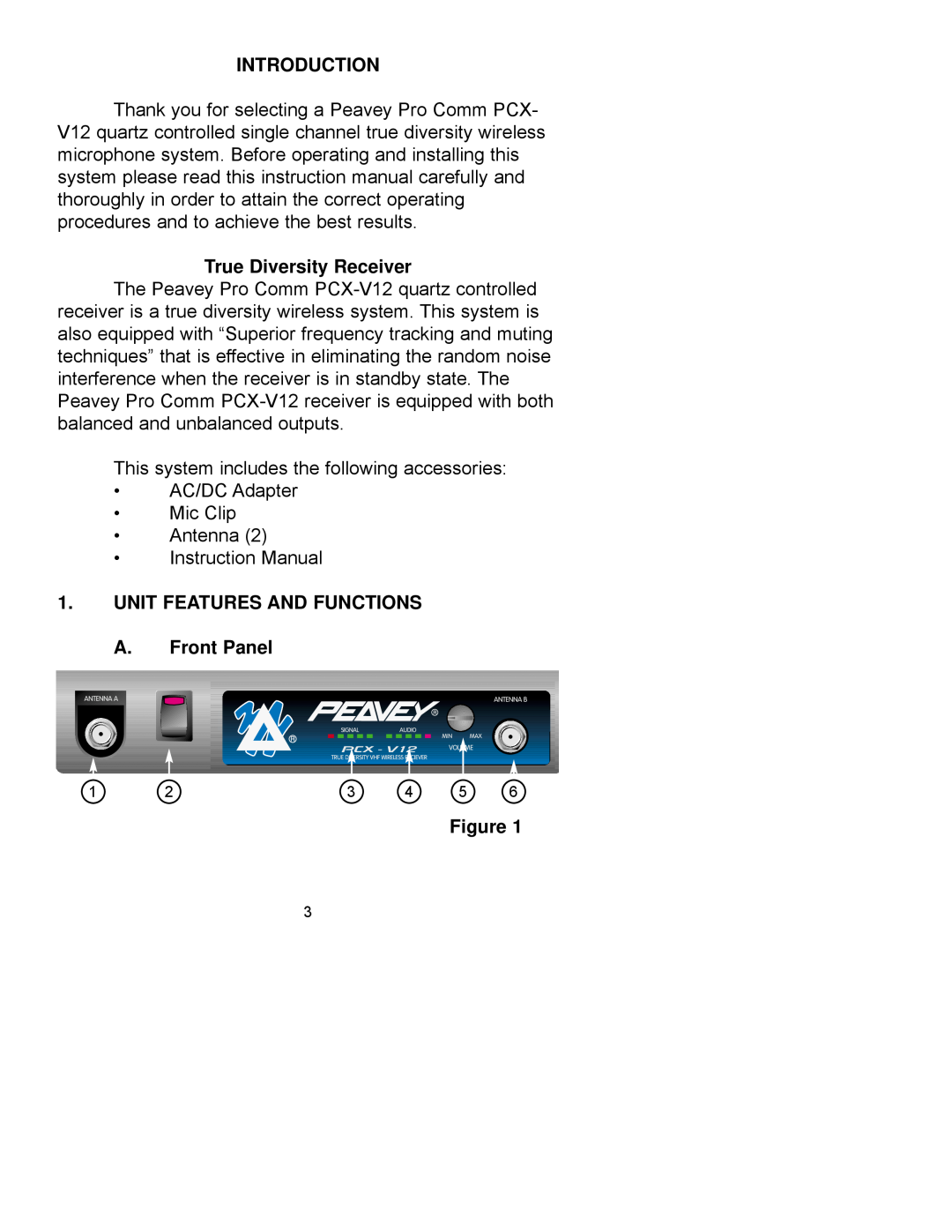 Peavey PCX-V12 manual Introduction, True Diversity Receiver, UNIT FEATURES AND FUNCTIONS A.Front Panel 