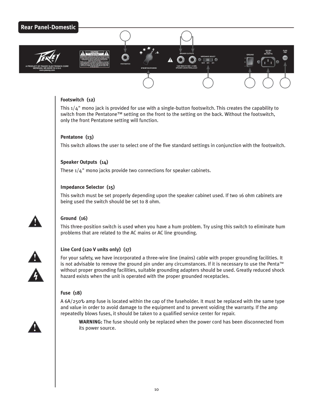 Peavey Penta Tube Amplifier owner manual Rear Panel-Domestic 