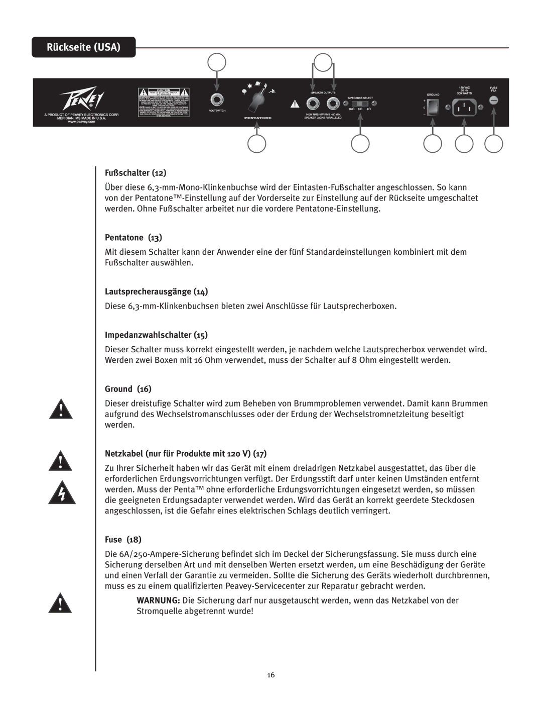 Peavey Penta Tube Amplifier owner manual Rückseite USA, Fußschalter, Lautsprecherausgänge, Impedanzwahlschalter 