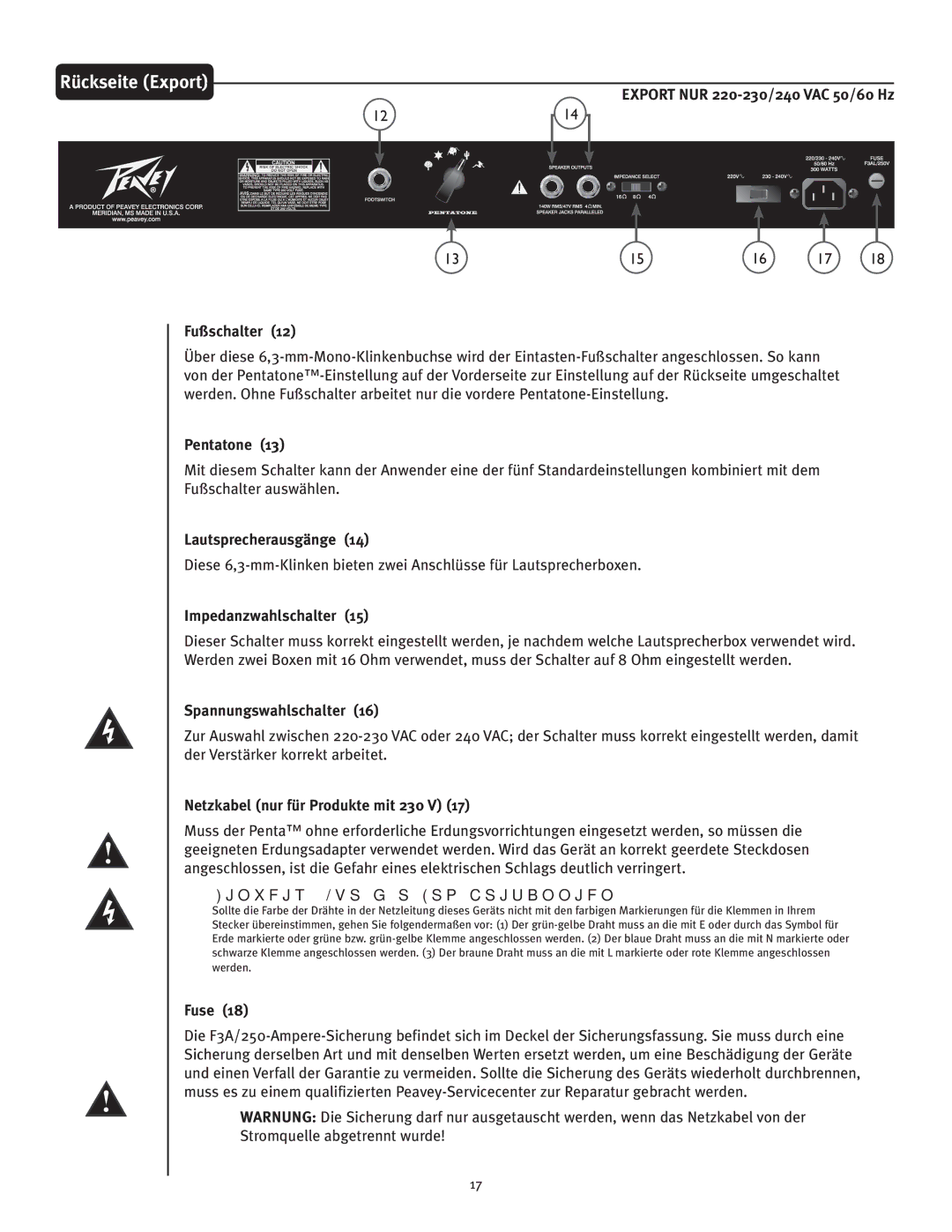 Peavey Penta Tube Amplifier Rückseite Export, Fußschalter Export NUR 220-230/240 VAC 50/60 Hz, Spannungswahlschalter 
