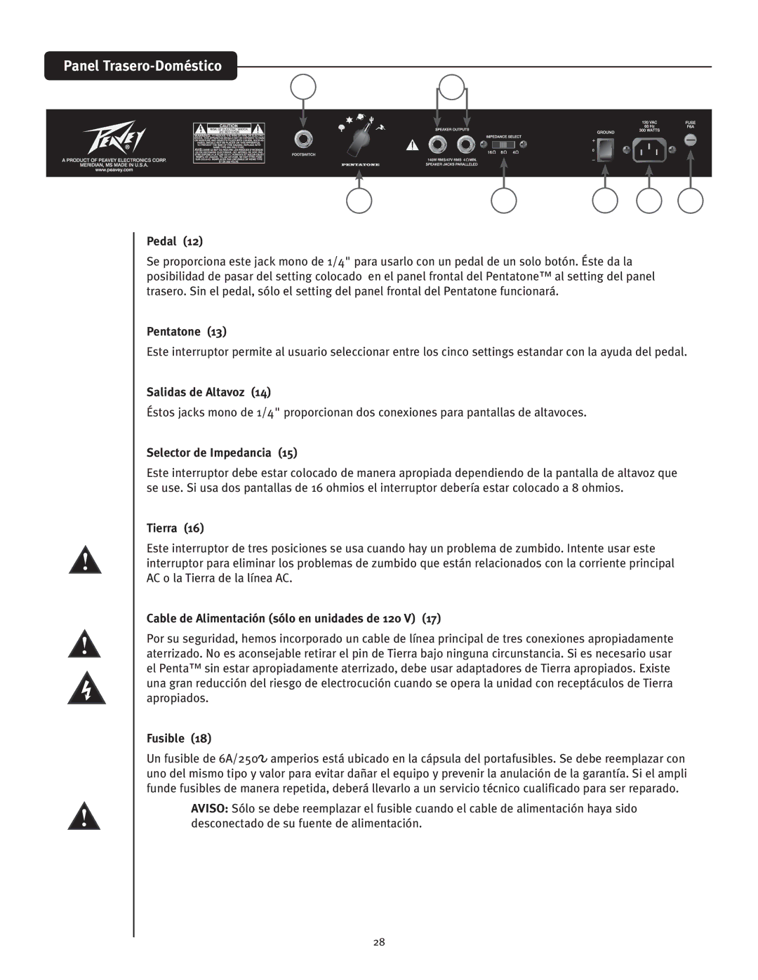 Peavey Penta Tube Amplifier owner manual Panel Trasero-Doméstico 