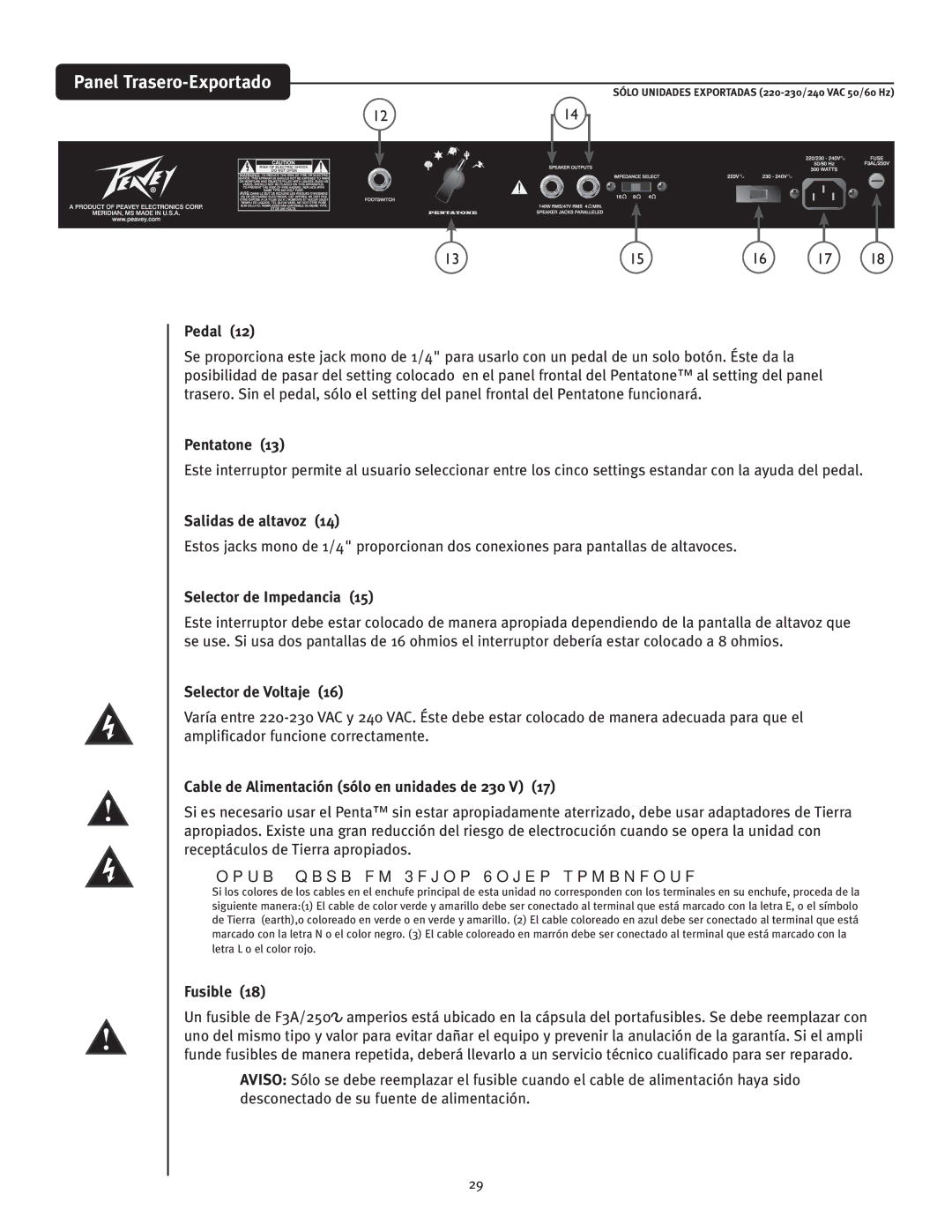 Peavey Penta Tube Amplifier Panel Trasero-Exportado, Selector de Voltaje, Cable de Alimentación sólo en unidades de 230 V 