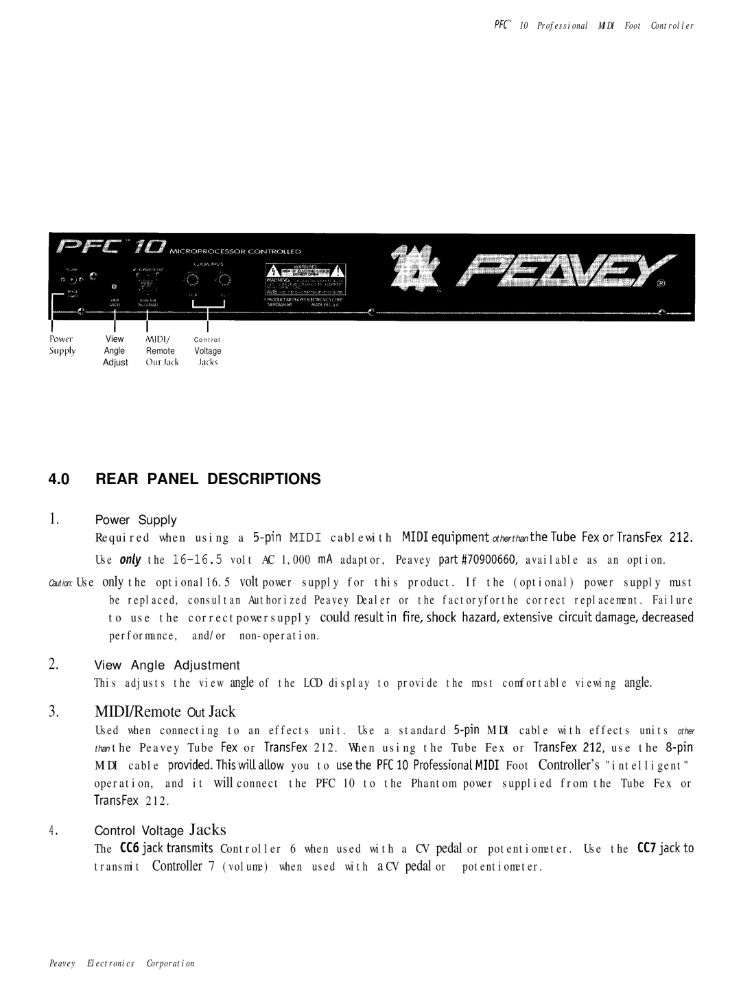 Peavey PFC 10 manual Rear Panel Descriptions, Power Supply 