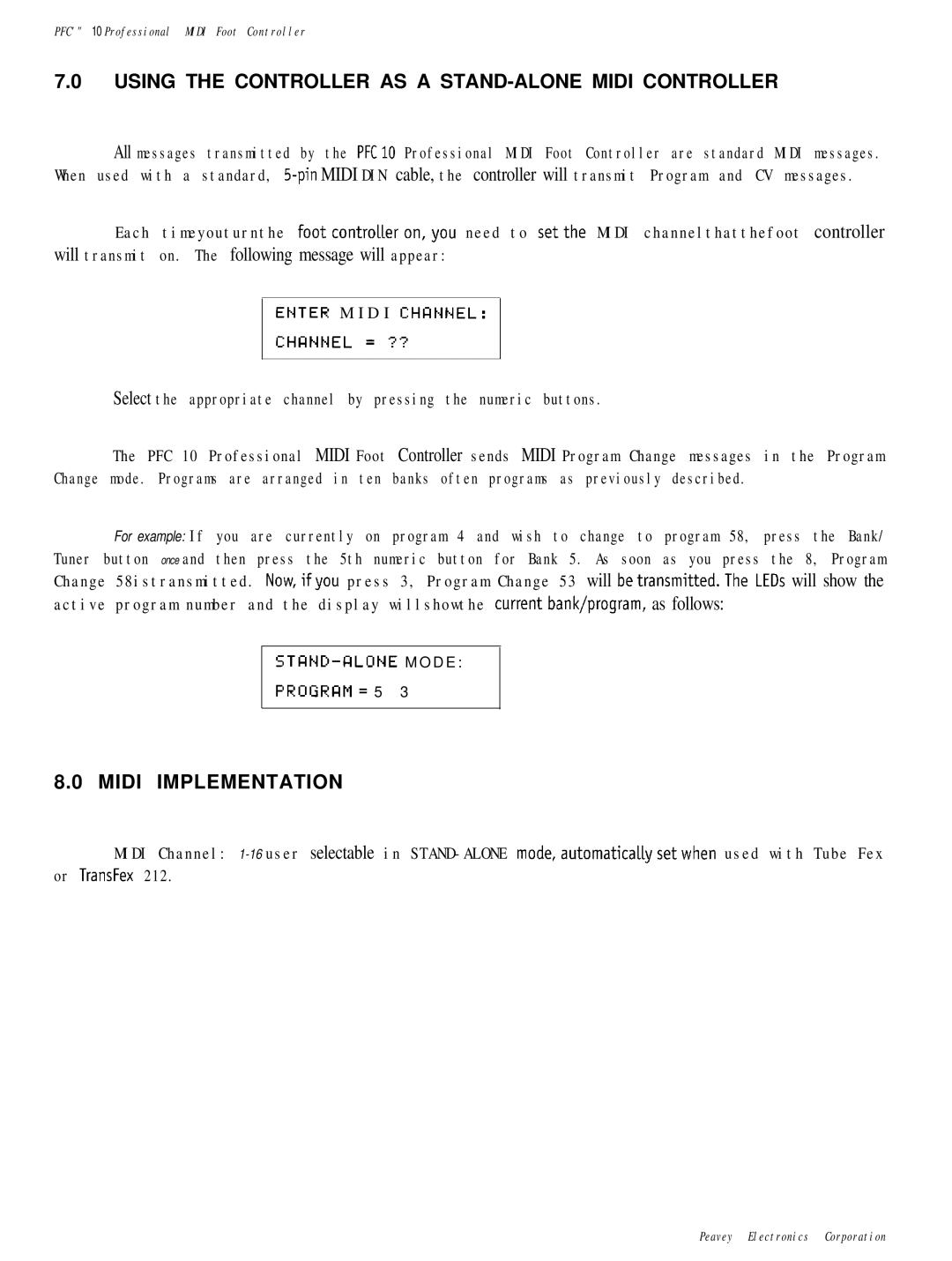 Peavey PFC 10 manual Using the Controller AS a STAND-ALONE Midi Controller, Midi Implementation 