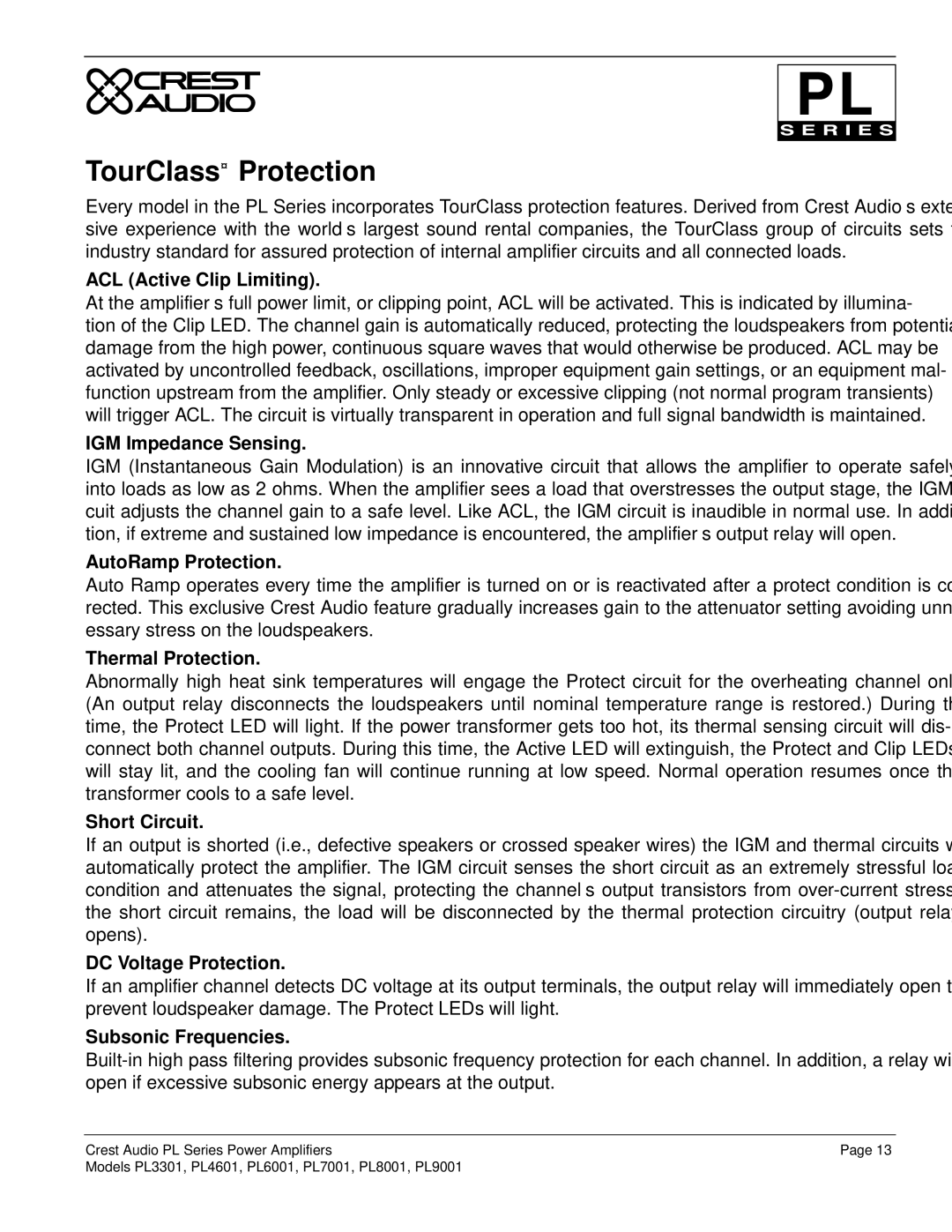 Peavey PL Series owner manual TourClass Protection 