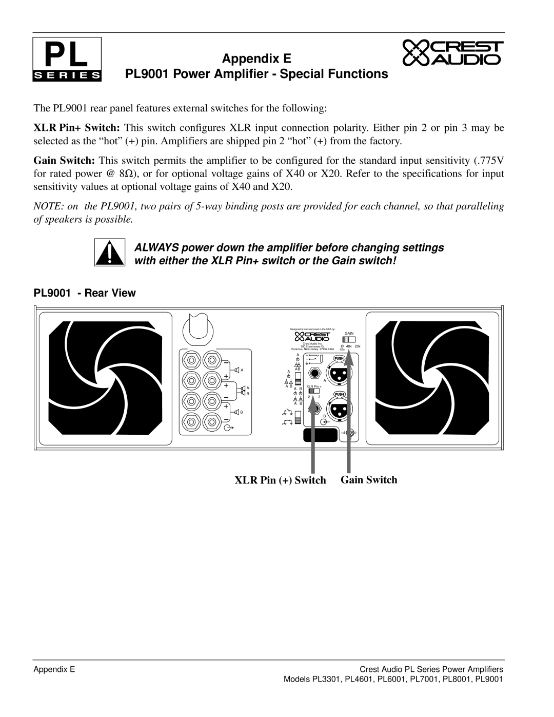 Peavey PL Series owner manual Appendix E PL9001 Power Amplifier Special Functions, PL9001 Rear View 