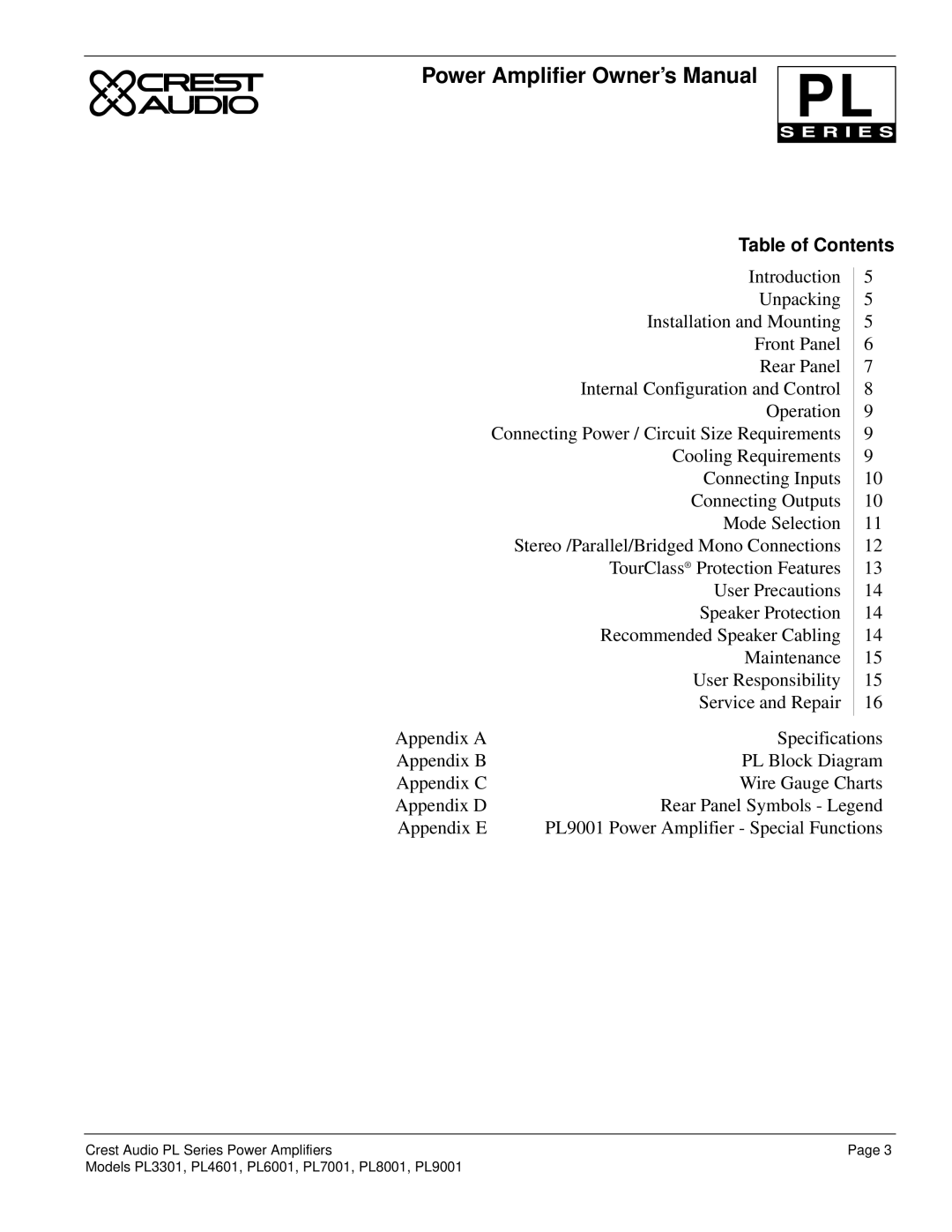 Peavey PL Series owner manual Table of Contents 