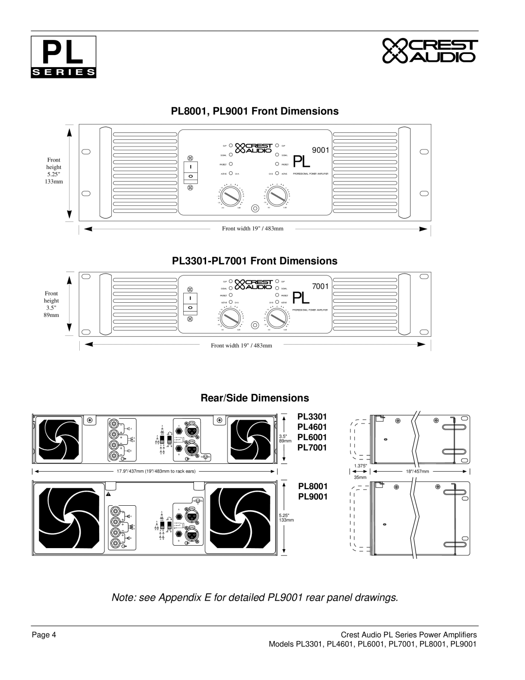 Peavey PL Series owner manual PL8001, PL9001 Front Dimensions, Rear/Side Dimensions 