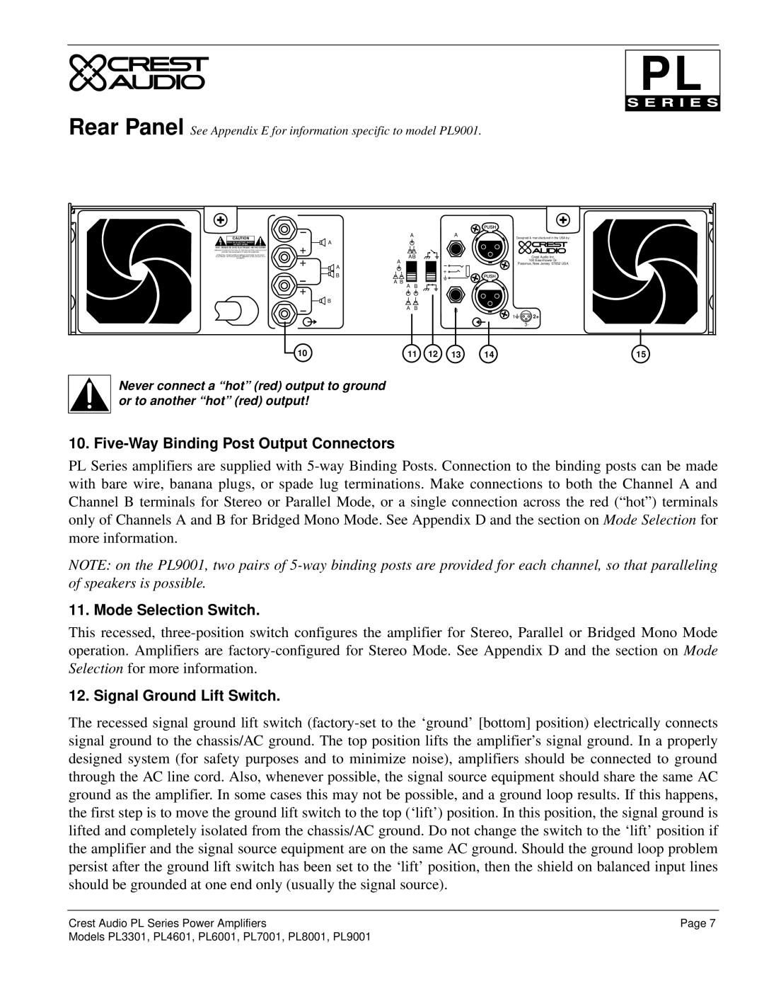 Peavey PL Series owner manual Five-Way Binding Post Output Connectors, Mode Selection Switch, Signal Ground Lift Switch 