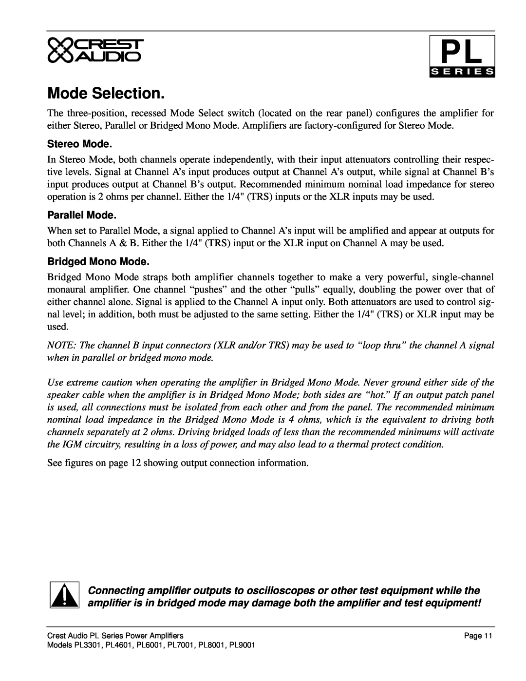Peavey PL Series owner manual Mode Selection, Stereo Mode, Parallel Mode, Bridged Mono Mode 