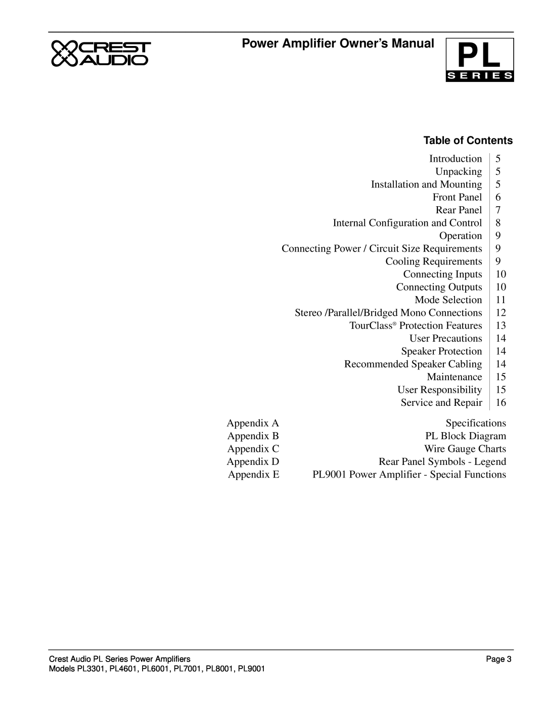 Peavey PL Series owner manual Table of Contents 