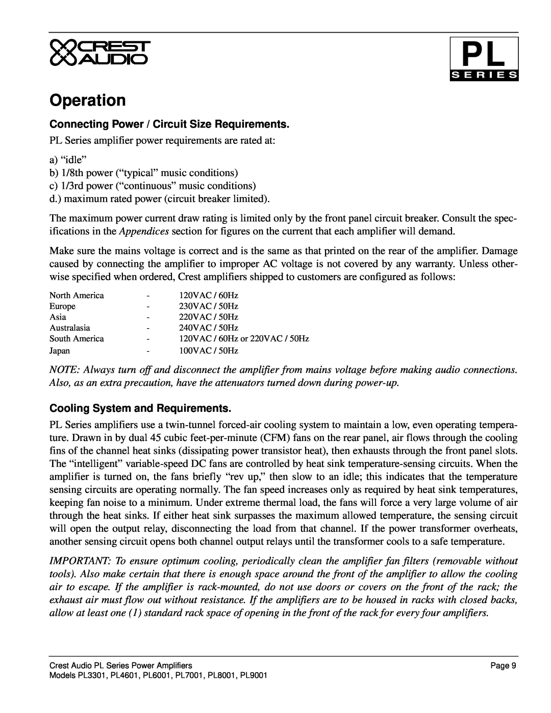 Peavey PL Series owner manual Operation, Connecting Power / Circuit Size Requirements, Cooling System and Requirements 